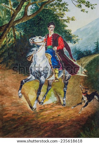 Painting of Ukrainian rural landscape - young cossack riding on a horse