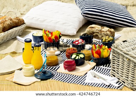 Summer picnic on the beach. Serving picnic utensils blue with vegetables and sauces on striped tablecloths and knitted pillow. Selective focus.
