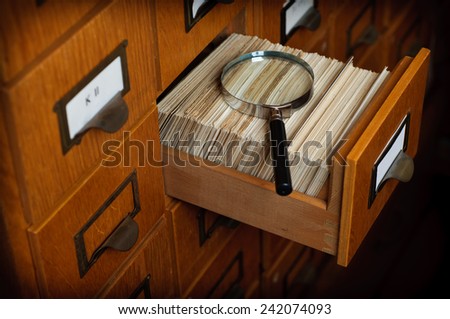 Library Card Catalog Drawer Magnifier Glass Search Concept Stock Photo