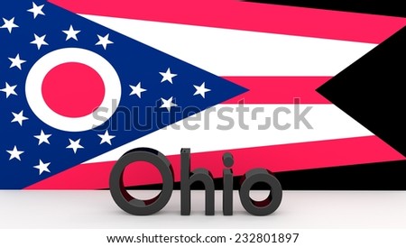 Writing with the name of the US state Ohio made of dark metal  in front of state flag