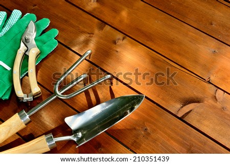 Close-up gardening tools and objects on old wooden background with copyspace
