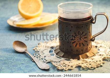 Tea with lemon. Russian tea. Vintage. homeliness