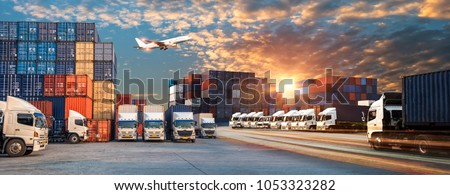 Business Logistics and transportation concept of Container Cargo ship and Cargo plane with working crane bridge in shipyard at sunrise, logistic import export and transport industry background