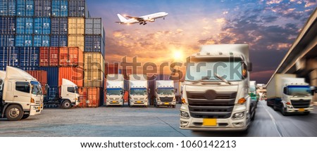 Truck transport container on the road to the port with Logistic transportation of Container Cargo ship and Cargo plane, Business Logistics transportation concept