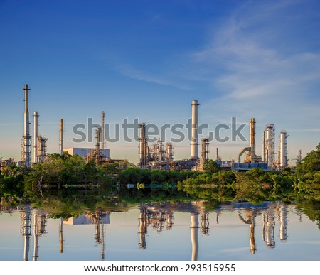 Oil and gas industry - refinery at sunset with reflection on water - factory - petrochemical plant