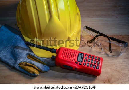 Safety gear kit close up on wood table