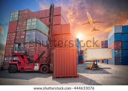 Business logistic concept, Containers shipping, forklift handling container box loading for logistic Import Export background