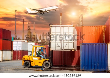 Business logistic concept, Containers shipping, forklift handling container box loading for logistic Import Export background