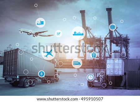Business Logistics concept, Global business connection technology interface global partner connection of Container Cargo freight ship for Logistic Import Export background, , internet of things
