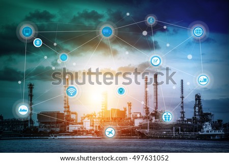 Smart refinery factory and wireless communication network, oil and gas industry petrochemical plant,  Internet of Things concept