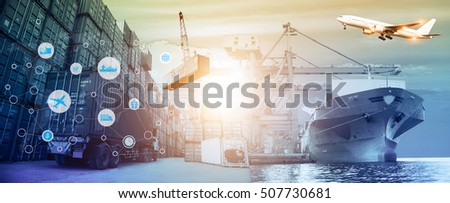 Logistics and transportation concept, Container Cargo ship and Cargo plane with working crane bridge in shipyard at sunrise, logistic import export and transport industry background