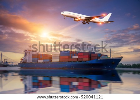 Logistics and transportation of Container Cargo ship and Cargo plane with sunrise time