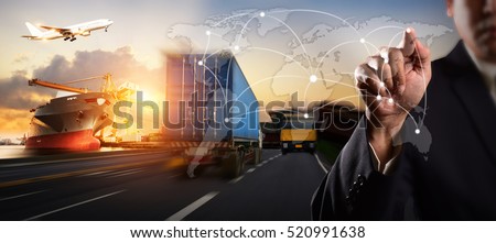 Businessman is pressing button on touch screen interface, Truck transport container on the road to the port, for Logistic Import Export concept, Internet of Things concept