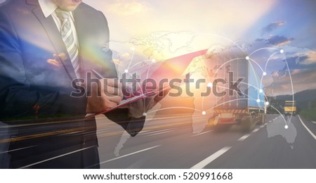 Double exposure of Businessman in a suit signing or writing a document in front Industrial Container Cargo freight ship, Map global logistics partnership connection for Logistics Import Export