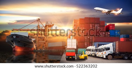 Logistics and transportation of Container Cargo ship and Cargo plane with working crane bridge in shipyard at sunset, logistic import export and transport industry background