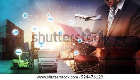 Business Logistics concept, Global business connection technology interface global partner connection of Container Cargo freight ship for Logistic Import Export background, internet of things