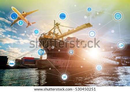 Business Logistics concept, Global business connection technology interface global partner connection of Container Cargo freight ship for Logistic Import Export background, , internet of things
