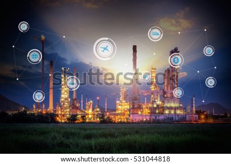 Smart refinery factory and wireless communication network, oil and gas industry petrochemical plant, Internet of Things concept