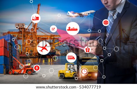 Double exposure of Businessman in a suit signing or writing a document in front Industrial Container Cargo freight ship, Online goods orders worldwide Internet of Things concept