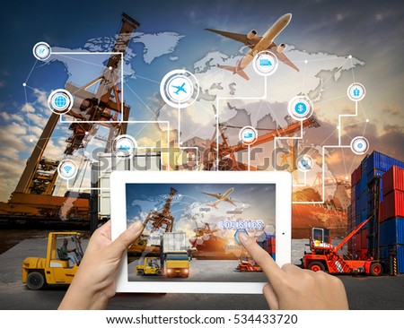 Hand holding tablet is pressing button on touch screen interface in front Logistics Industrial Container Cargo freight ship for Concept of fast or instant shipping, Online goods orders worldwide