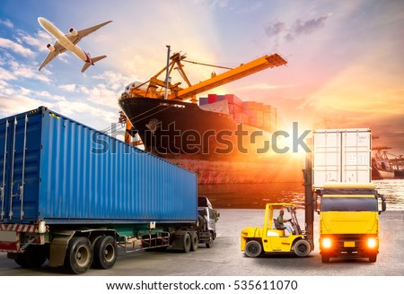 Logistics and transportation of Container Cargo ship and Cargo plane with working crane bridge in shipyard at twilight, logistic import export and transport industry background concept