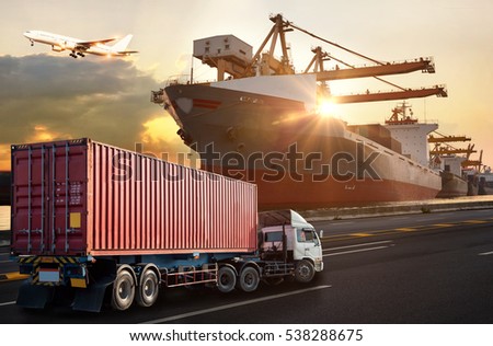 Truck transport container on the road to the port, Industrial Container Cargo freight ship for Logistic Import Export concept