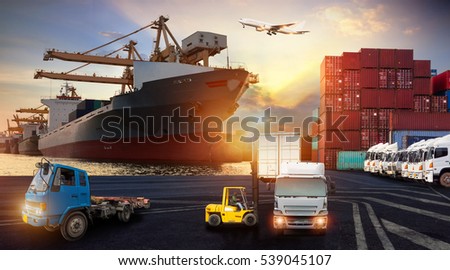 Forklift handling container box loading and Container Cargo freight ship with working crane bridge in shipyard at sunrise for Logistic Import Export background