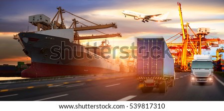 Truck transport container on the road to the port, Industrial Container Cargo freight ship for Logistics Import Export concept