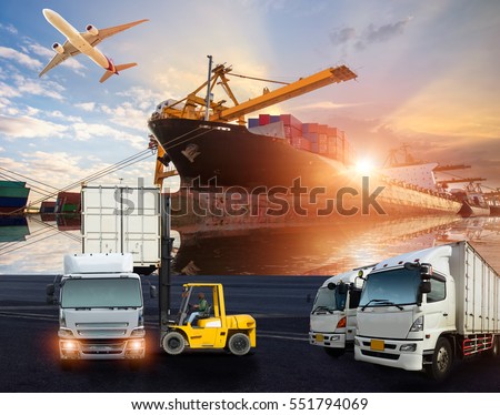 Logistics and transportation of Container Cargo ship and Cargo plane with working crane bridge in shipyard at sunset, logistic import export and transport industry background