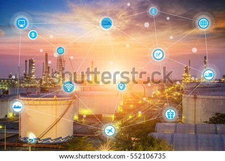 Smart refinery factory and wireless communication network, oil and gas industry petrochemical plant, Internet of Things concept