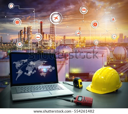 Smart refinery factory and wireless communication network, oil and gas industry petrochemical plant, Internet of Things concept, Business Logistics concept