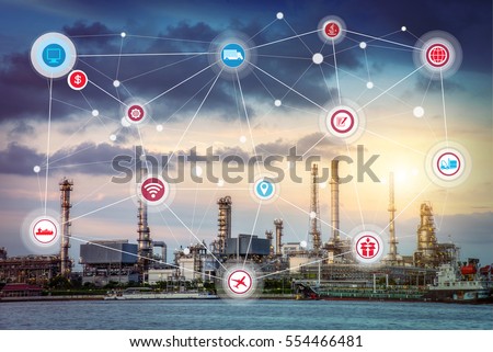 Smart refinery factory and wireless communication network, oil and gas industry petrochemical plant, Internet of Things concept, business logistic concept