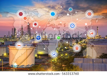 Smart refinery factory and wireless communication network, oil and gas industry petrochemical plant, Internet of Things concept, business logistics concept
