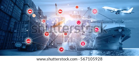 Smart technology with global logistics partnership and transportation of Container Cargo ship and Cargo plane, import export background, Online goods orders worldwide Internet of Things concept