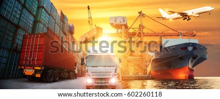 Logistics and transportation of Container Cargo ship and Cargo plane with working crane bridge in shipyard at Sunrise, logistic import export and transport industry background