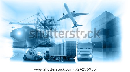 Logistics global technology transportation concept, Container Cargo ship and Cargo plane with working crane bridge in shipyard at sunrise, logistic import export and transport industry background
