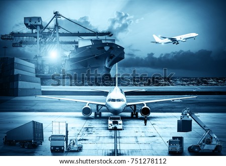 Airplane shipping delivery transfer with Logistics and transportation of Container Cargo ship and Cargo plane, Business Logistics  import export and transport concept