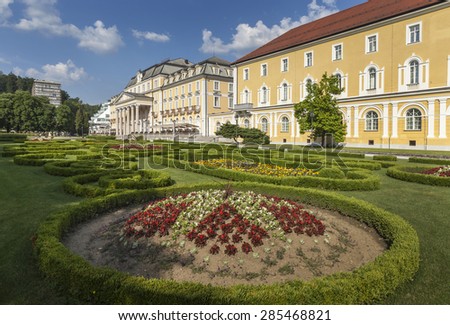 ROGASKA SLATINA, SLOVENIA - JUNE 8, 2015:  Flower bed and spa buildings in Rogaska Slatina