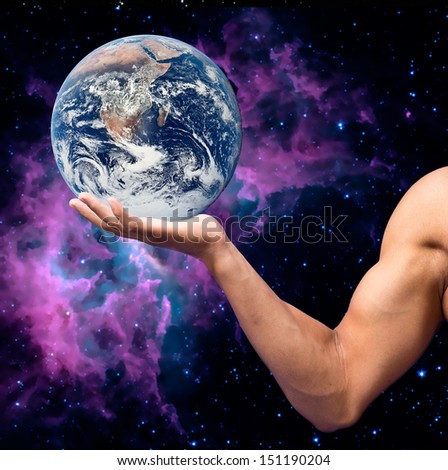 Hand of god whit the earth in his hand. In the space background. Elements of this image furnished by NASA.