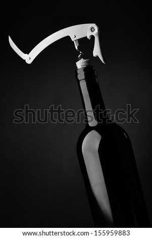 Bottle and wine glass in black back ground