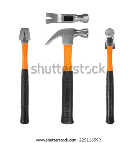 Black and orange hammer in several angles on white background