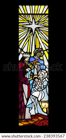 Visit of the three wise men to Jesus child, Maria and Jose. stained Glass