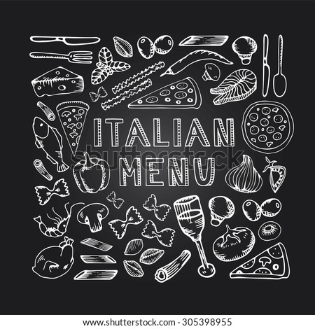 Restaurant cafe italian menu. Illustration of vintage typographical element for italian menu on chalkboard. Sketch