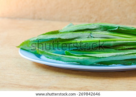 long coriander leaves in dish on wooden table