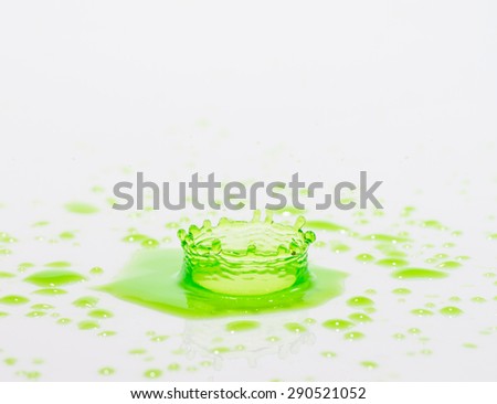 defocus green water drop falling down on white, lime drink splash on white background
