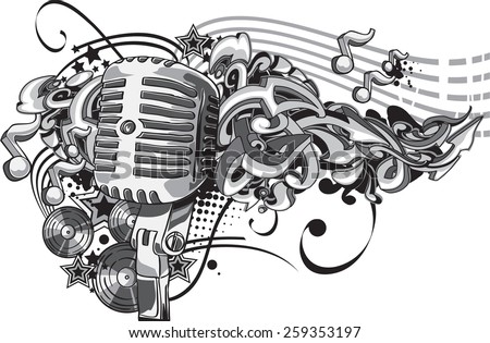 Vector vintage microphone on graffiti background