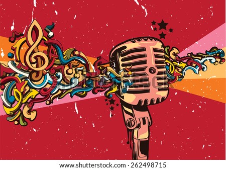 Vector vintage microphone on graffiti background