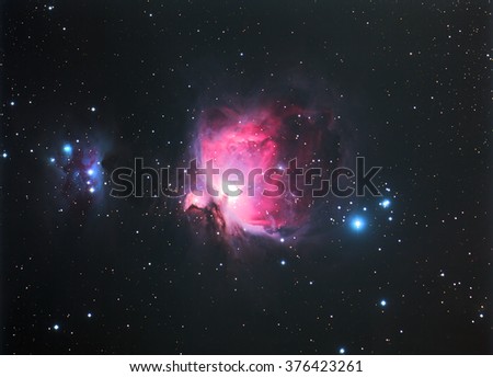 Nebula Orion M42 with Galaxy,Open Cluster,Globular Cluster, stars and space dust in the universe long expose.