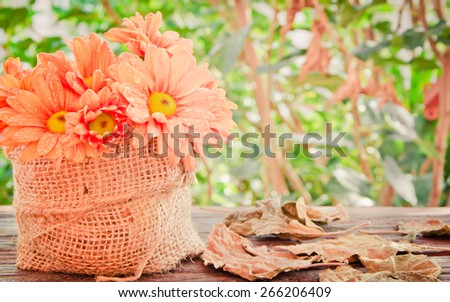 flowers in a Basket  on a wooden with bokeh background in a vintage retro style, with the sunrise