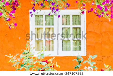Blurred of close windows and fresh flowers in vintage retro style.soft focus.